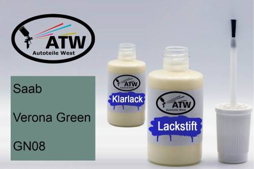 Saab, Verona Green, GN08: 20ml Lackstift + 20ml Klarlack - Set, von ATW Autoteile West.